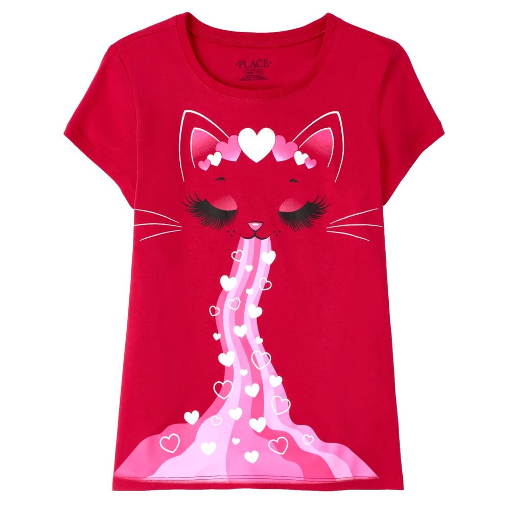 The Children’s Place Girls Valentine's Day Cat Graphic Tee Classic Red Size XL